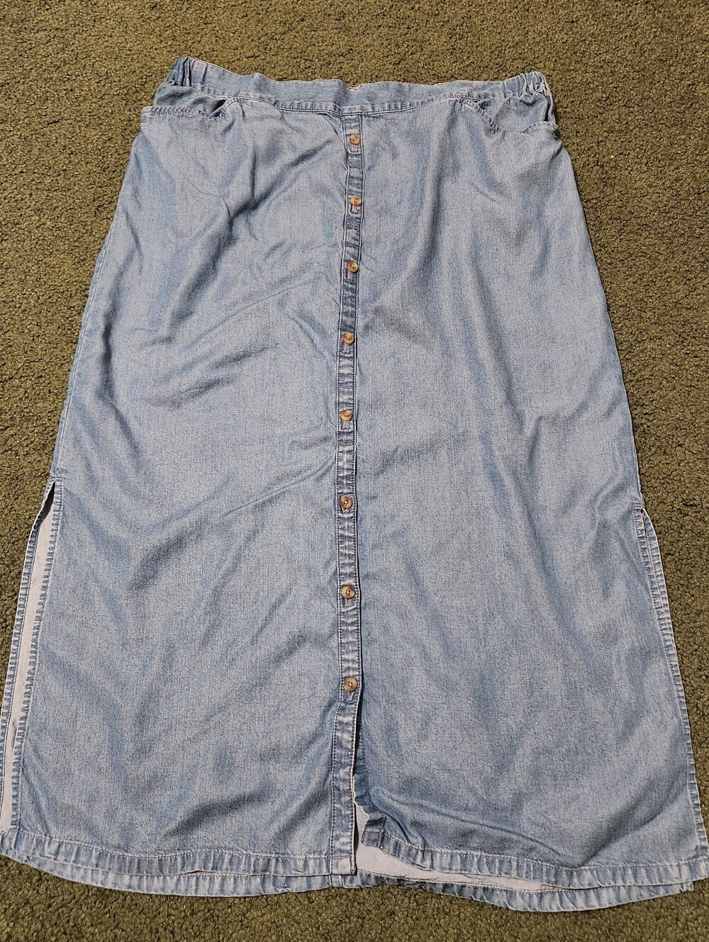 J. Jill Blue Denim Button Front Elastic Waist A-Line Midi Skirt Size L Slits